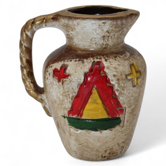Hand-Painted Vintage Ceramic Pitcher With Vibrant Tribal Design - Picture 4 of 7
